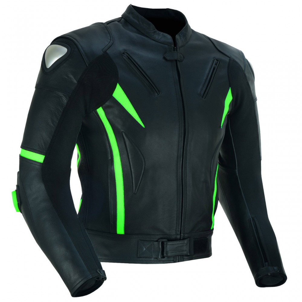 Chaqueta cuero moto Compilo CM-1306 negro-verde en oferta y