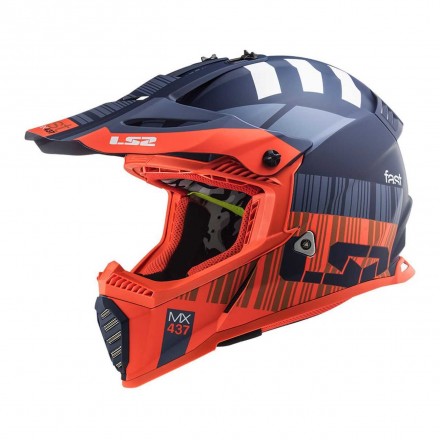 Casco infantil cross LS2 MX-437 Fast Evo Mini Xcode Naranja Flúor y Azul mate